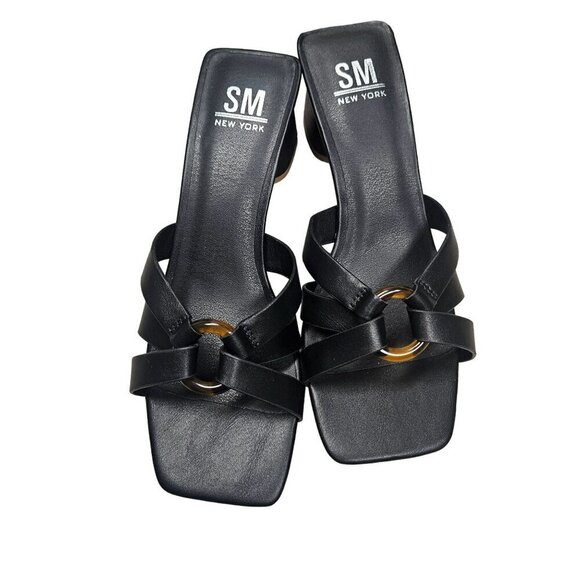 SM New York NIB Strappy Black Brown Heeled Sandals Open Toe‎ Block Heel Womens - Picture 2 of 10
